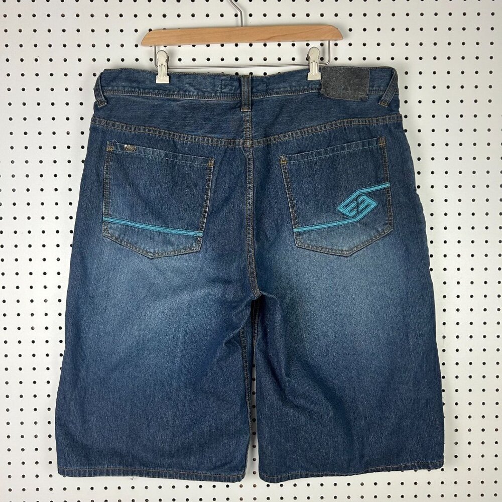 Enyce‎ Dark Wash Baggy Jean Shorts Size 42 Jorts Wide Leg Skate Y2K Embroidered